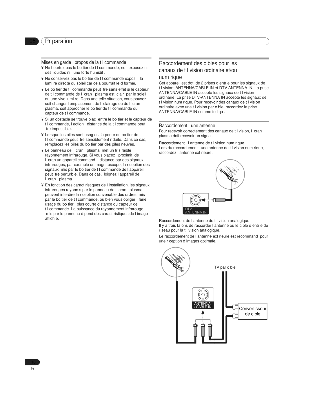 Pioneer PDP 42A3HD, PDP-4214HD manual Mises en garde à propos de la télécommande, Raccordement à une antenne 