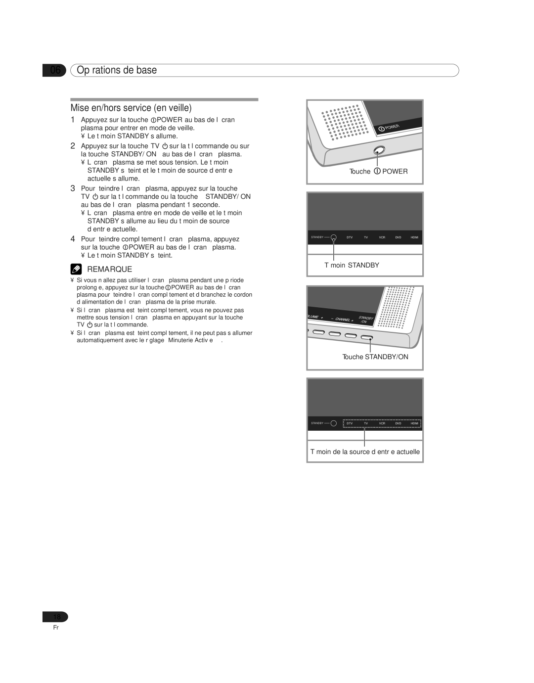 Pioneer PDP 42A3HD, PDP-4214HD manual 06 Opérations de base, Mise en/hors service en veille, Touche STANDBY/ON 