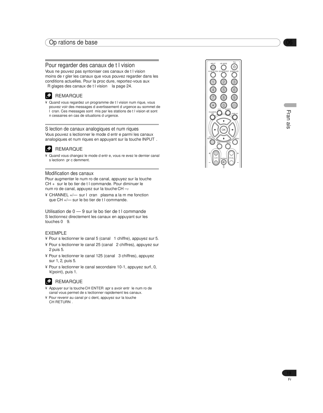 Pioneer PDP-4214HD, PDP 42A3HD manual Opérations de base, Pour regarder des canaux de télévision, Modification des canaux 