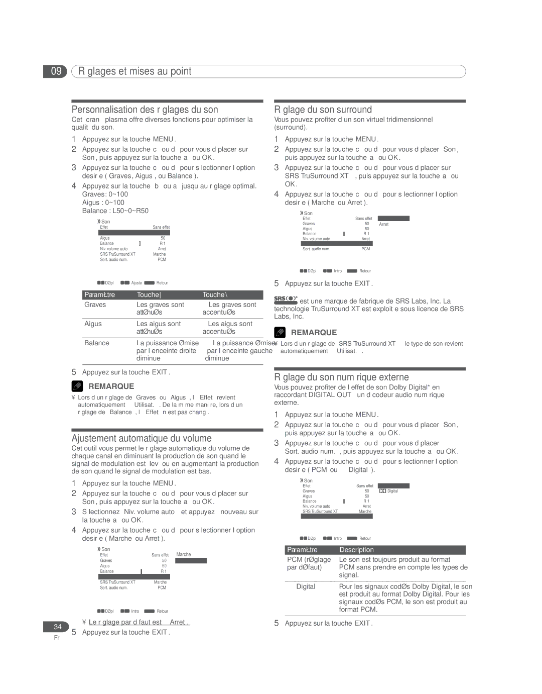 Pioneer PDP 42A3HD manual Personnalisation des réglages du son, Ajustement automatique du volume, Réglage du son surround 