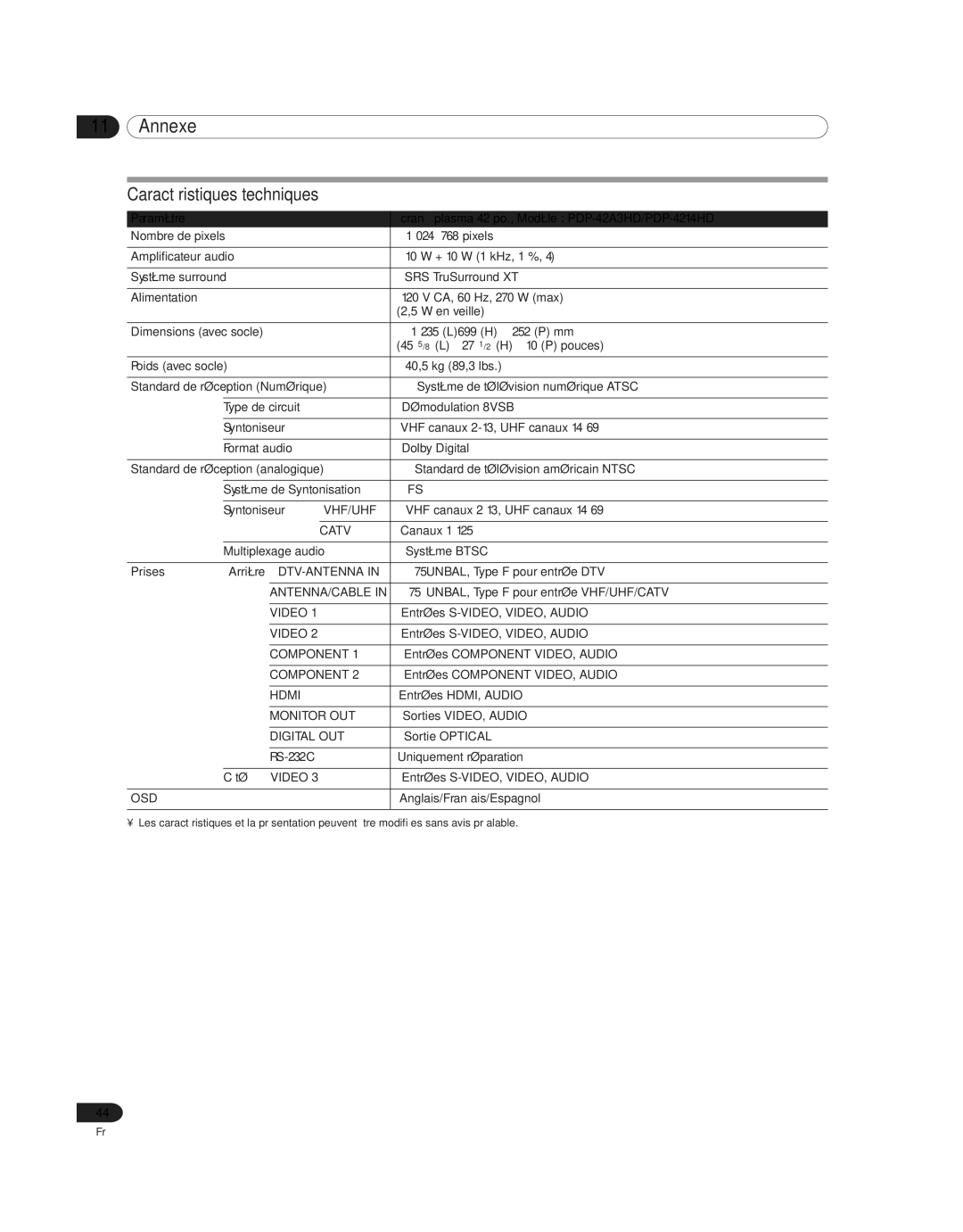 Pioneer PDP 42A3HD, PDP-4214HD manual Caractéristiques techniques 