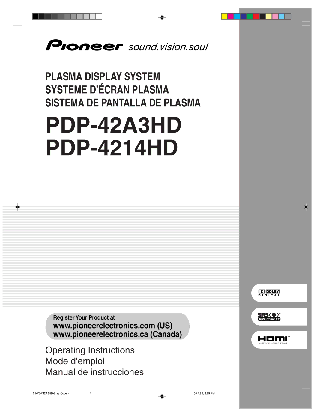 Pioneer manual PDP-42A3HD PDP-4214HD 