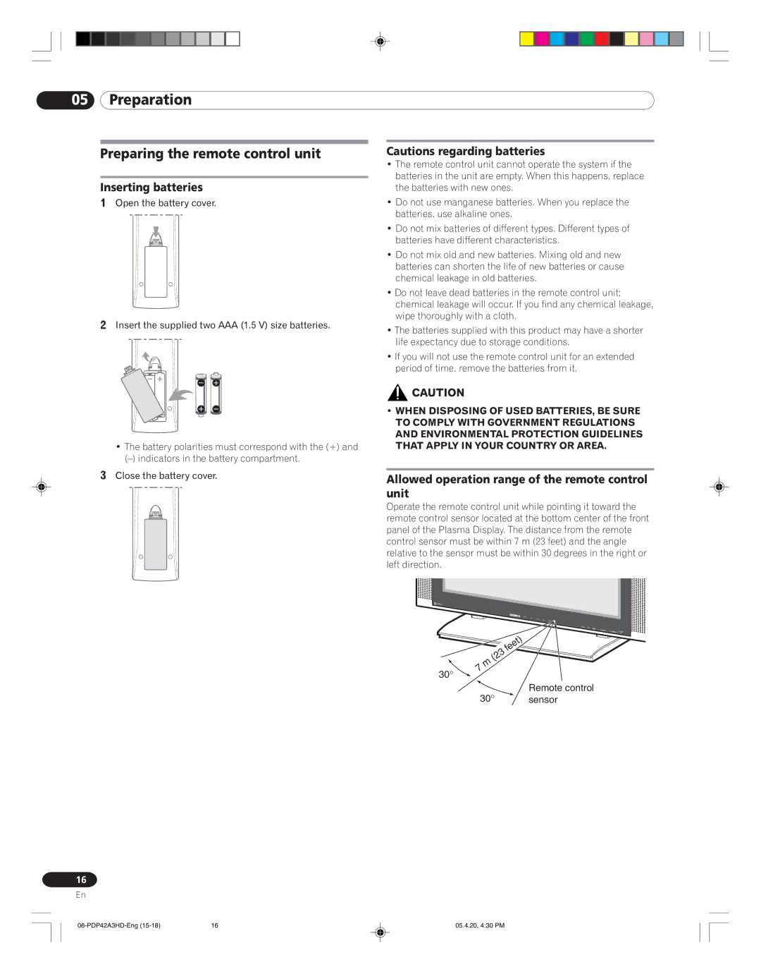 Pioneer PDP-42A3HD manual Preparing the remote control unit, Inserting batteries 