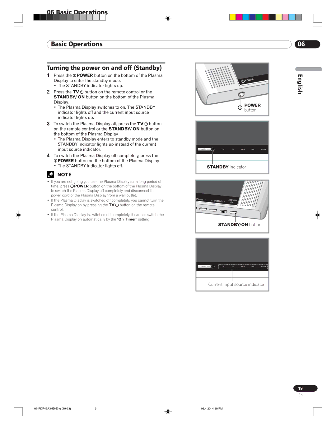 Pioneer PDP-42A3HD manual Basic Operations, Turning the power on and off Standby, STANDBY/ON button 