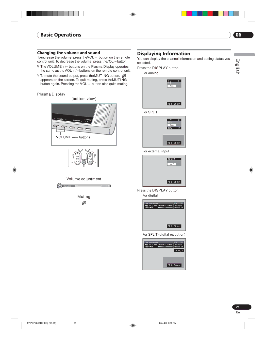 Pioneer PDP-42A3HD Displaying Information, Changing the volume and sound, Plasma Display Bottom view, Volume adjustment 