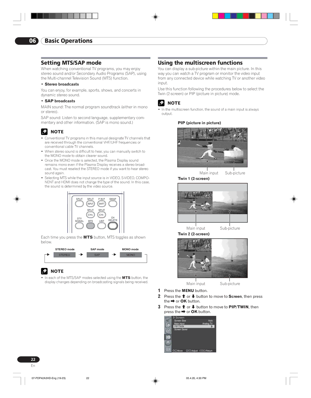 Pioneer PDP-42A3HD manual Setting MTS/SAP mode, Using the multiscreen functions 