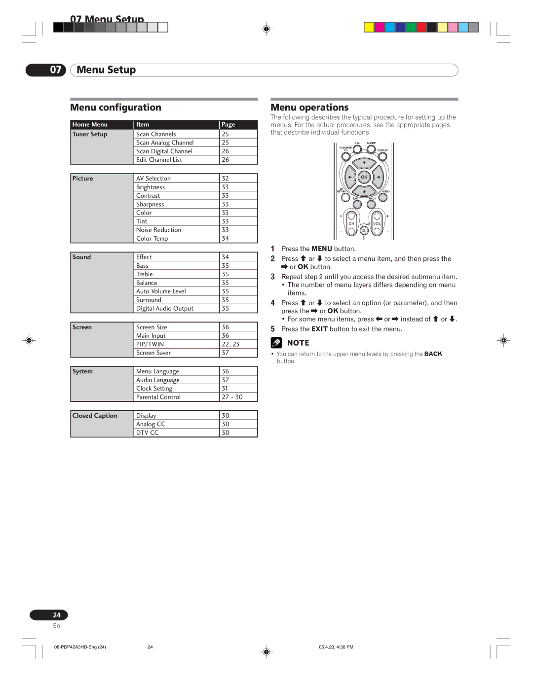 Pioneer PDP-42A3HD manual Menu Setup, Menu configuration, Menu operations, Home Menu 