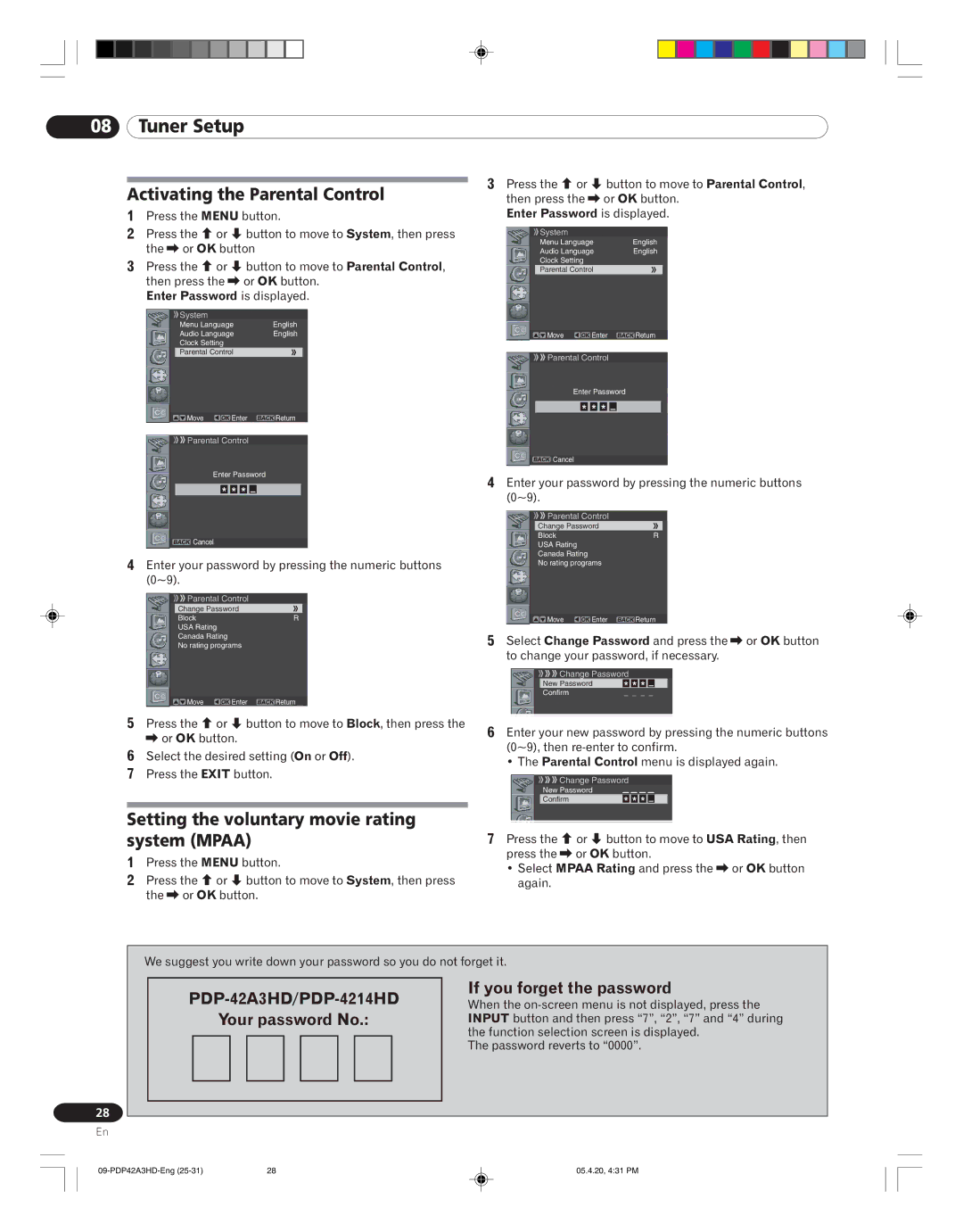 Pioneer PDP-42A3HD manual Activating the Parental Control, Setting the voluntary movie rating system Mpaa 