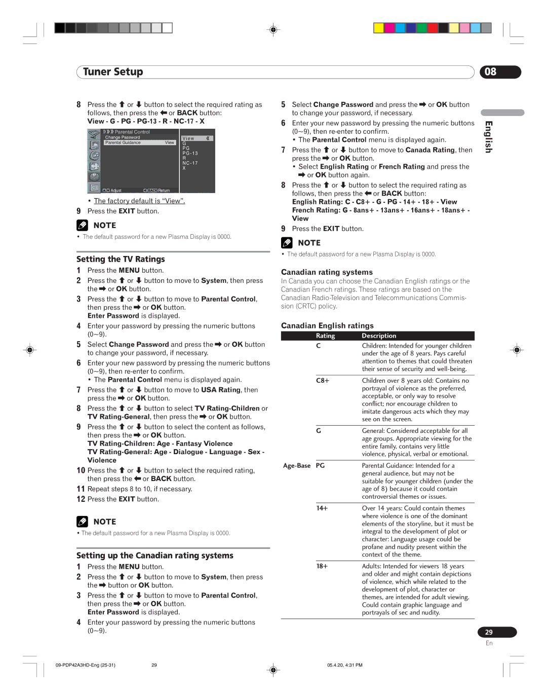 Pioneer PDP-42A3HD manual Setting the TV Ratings, Setting up the Canadian rating systems, Canadian English ratings 