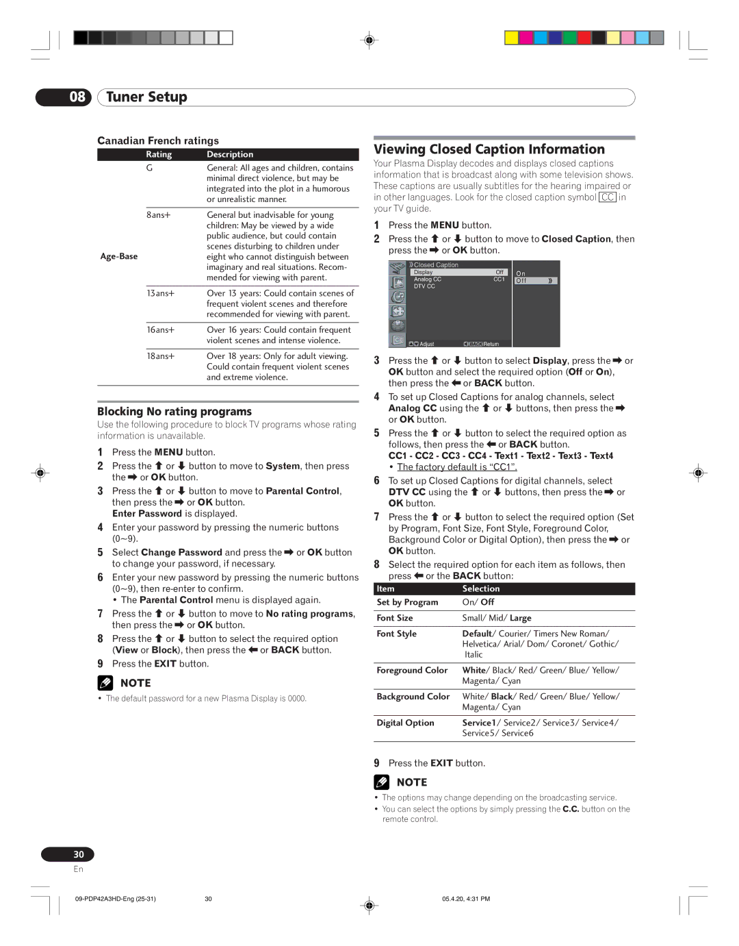 Pioneer PDP-42A3HD Viewing Closed Caption Information, Blocking No rating programs, Canadian French ratings, Selection 