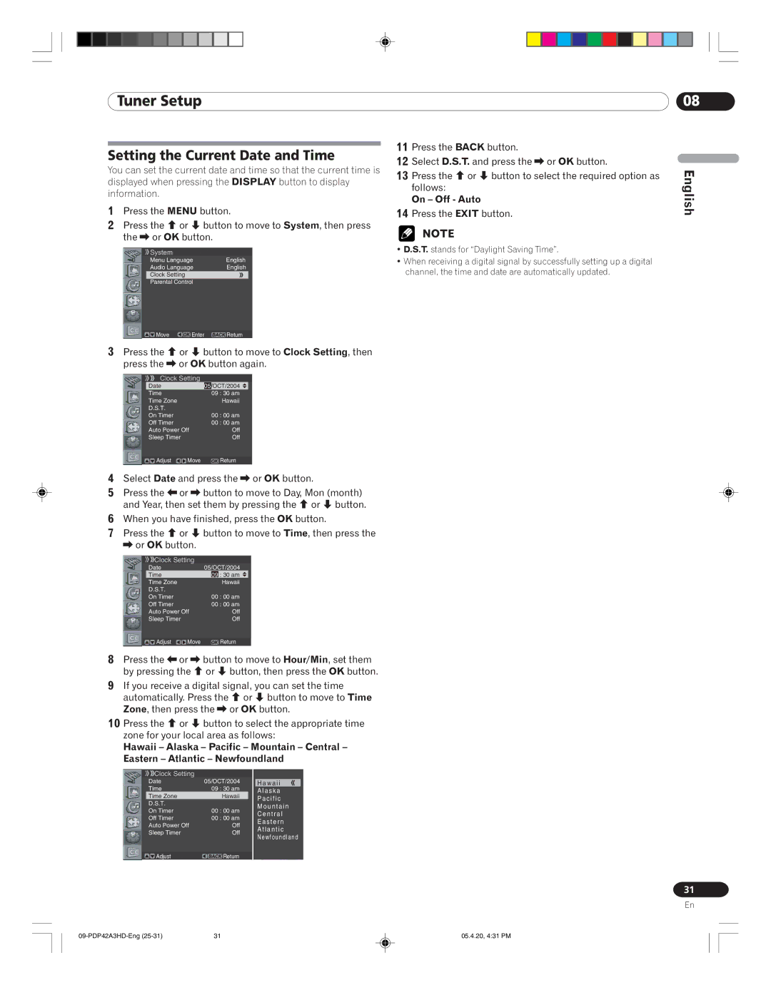 Pioneer PDP-42A3HD manual Setting the Current Date and Time, On Off Auto 