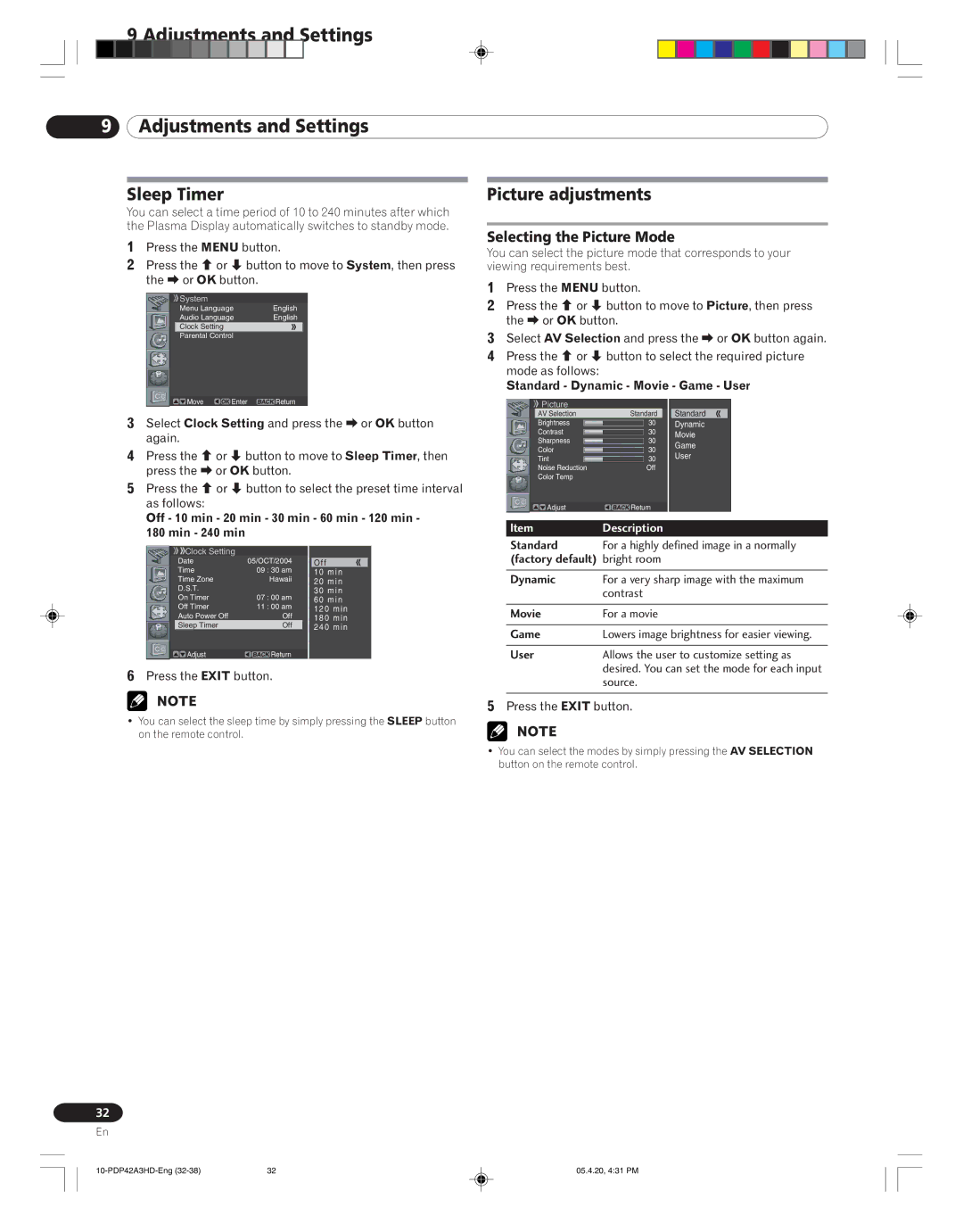 Pioneer PDP-42A3HD manual Adjustments and Settings, Sleep Timer, Picture adjustments, Selecting the Picture Mode 