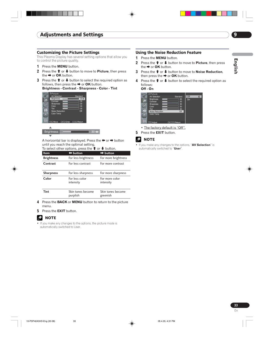 Pioneer PDP-42A3HD manual Customizing the Picture Settings, Using the Noise Reduction Feature, Button \ button 