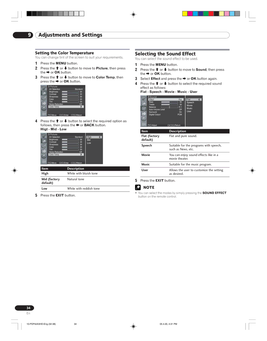 Pioneer PDP-42A3HD manual Selecting the Sound Effect, Setting the Color Temperature 