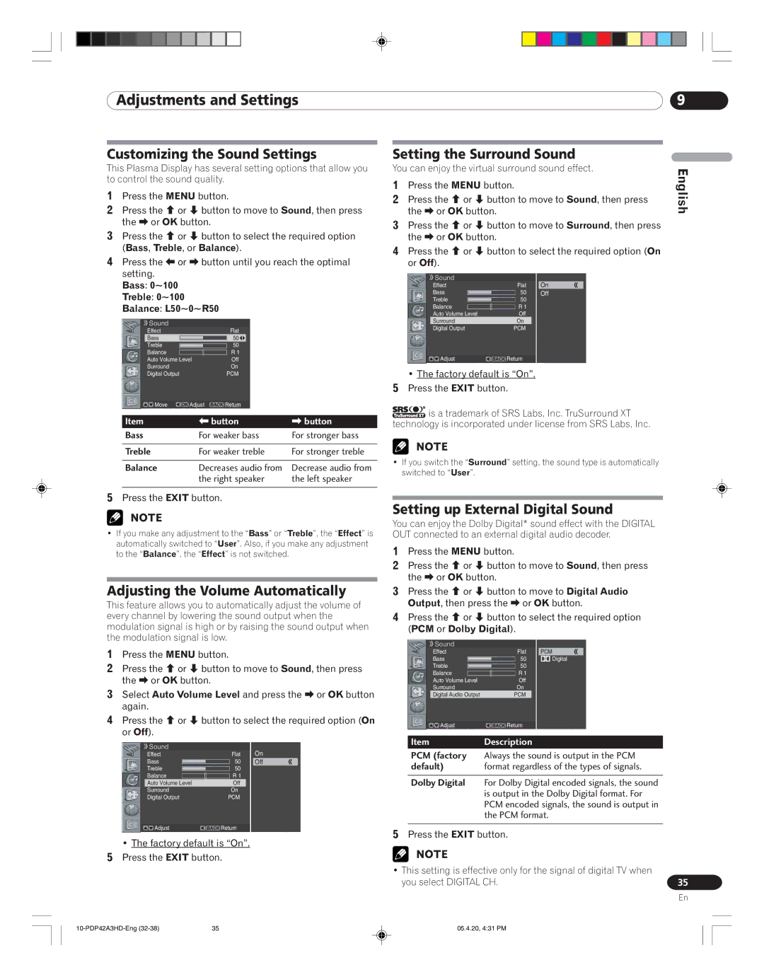 Pioneer PDP-42A3HD manual Customizing the Sound Settings, Adjusting the Volume Automatically, Setting the Surround Sound 