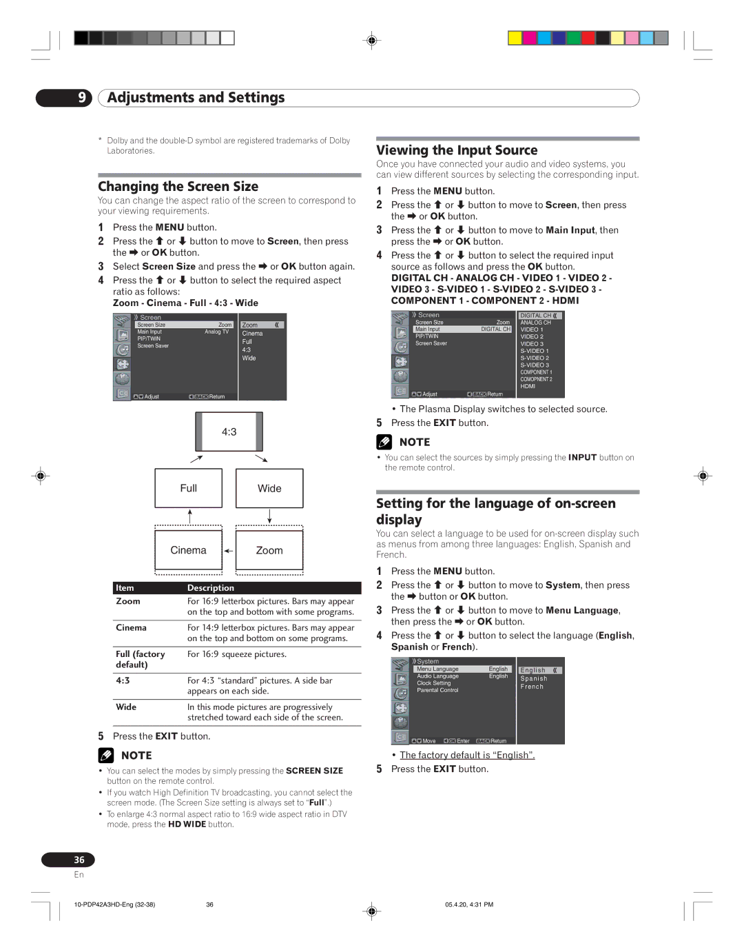 Pioneer PDP-42A3HD manual Changing the Screen Size, Viewing the Input Source, Setting for the language of on-screen display 