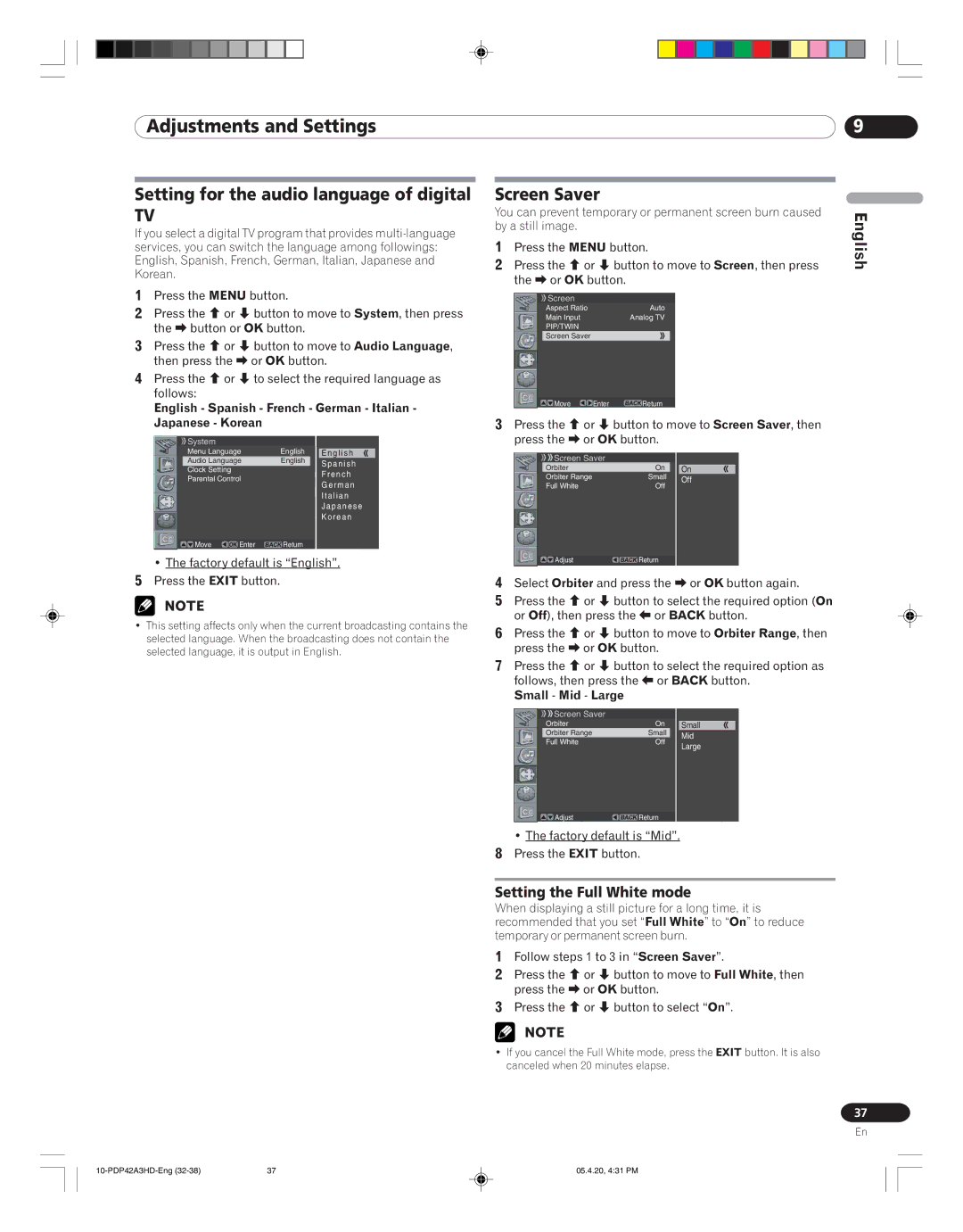 Pioneer PDP-42A3HD Setting for the audio language of digital, Screen Saver, Setting the Full White mode, Small Mid Large 