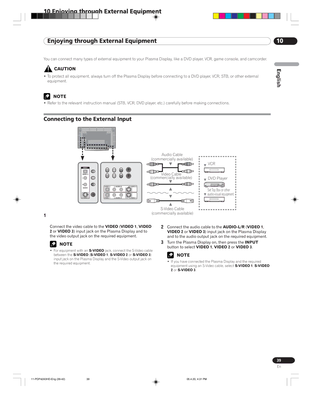 Pioneer PDP-42A3HD manual Enjoying through External Equipment, Connecting to the External Input 