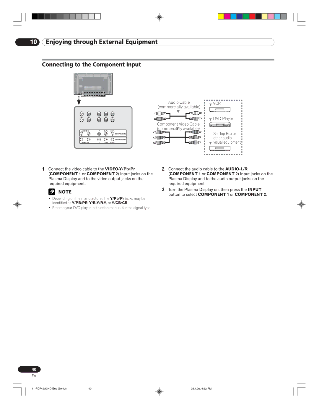 Pioneer PDP-42A3HD manual Connecting to the Component Input, DVD Player 