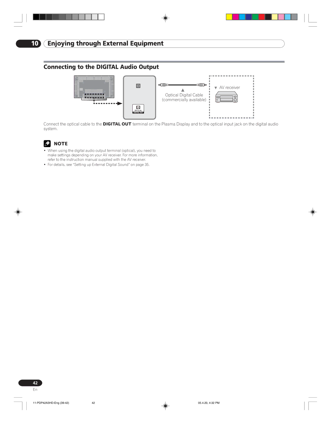 Pioneer PDP-42A3HD manual Connecting to the Digital Audio Output, AV receiver Optical Digital Cable Commercially available 