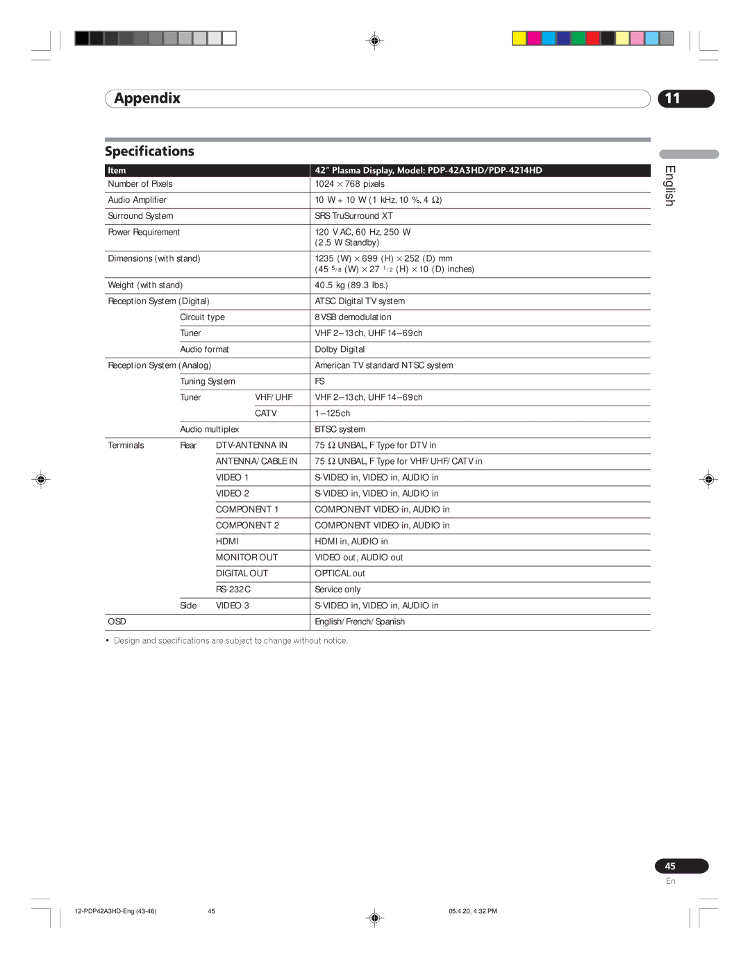 Pioneer manual Specifications, Plasma Display, Model PDP-42A3HD/PDP-4214HD 