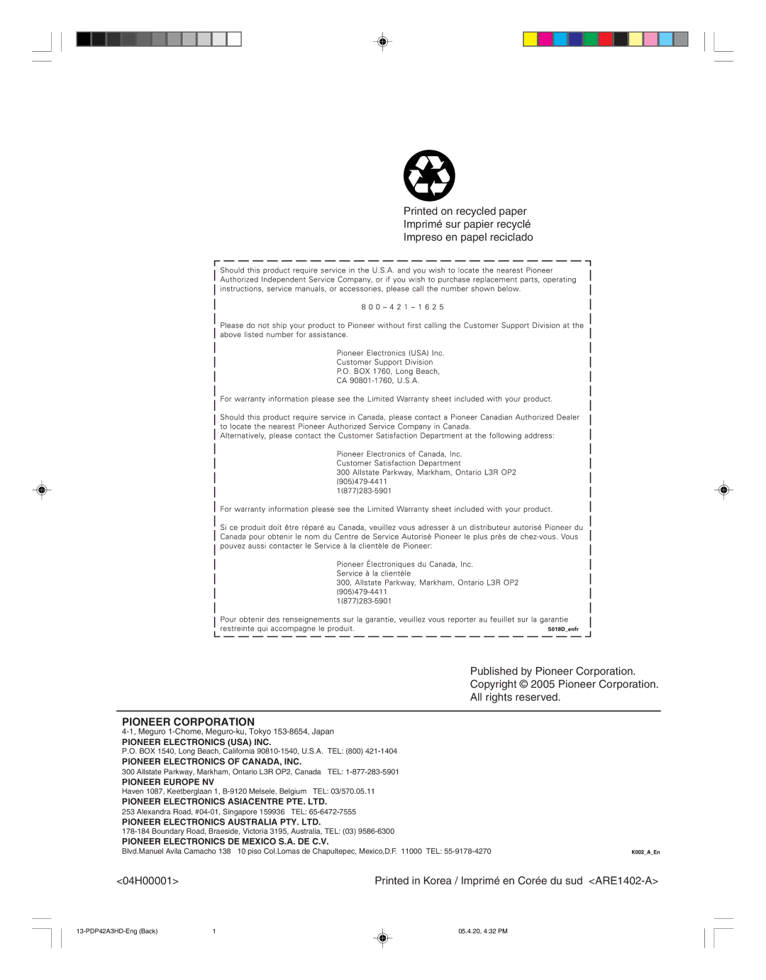 Pioneer PDP-42A3HD manual Pioneer Corporation 