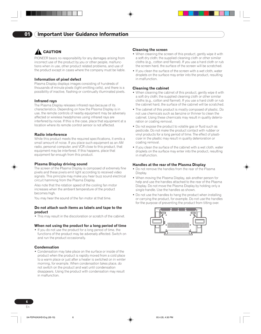 Pioneer PDP-42A3HD manual Information of pixel defect, Infrared rays, Radio interference, Cleaning the screen, Condensation 