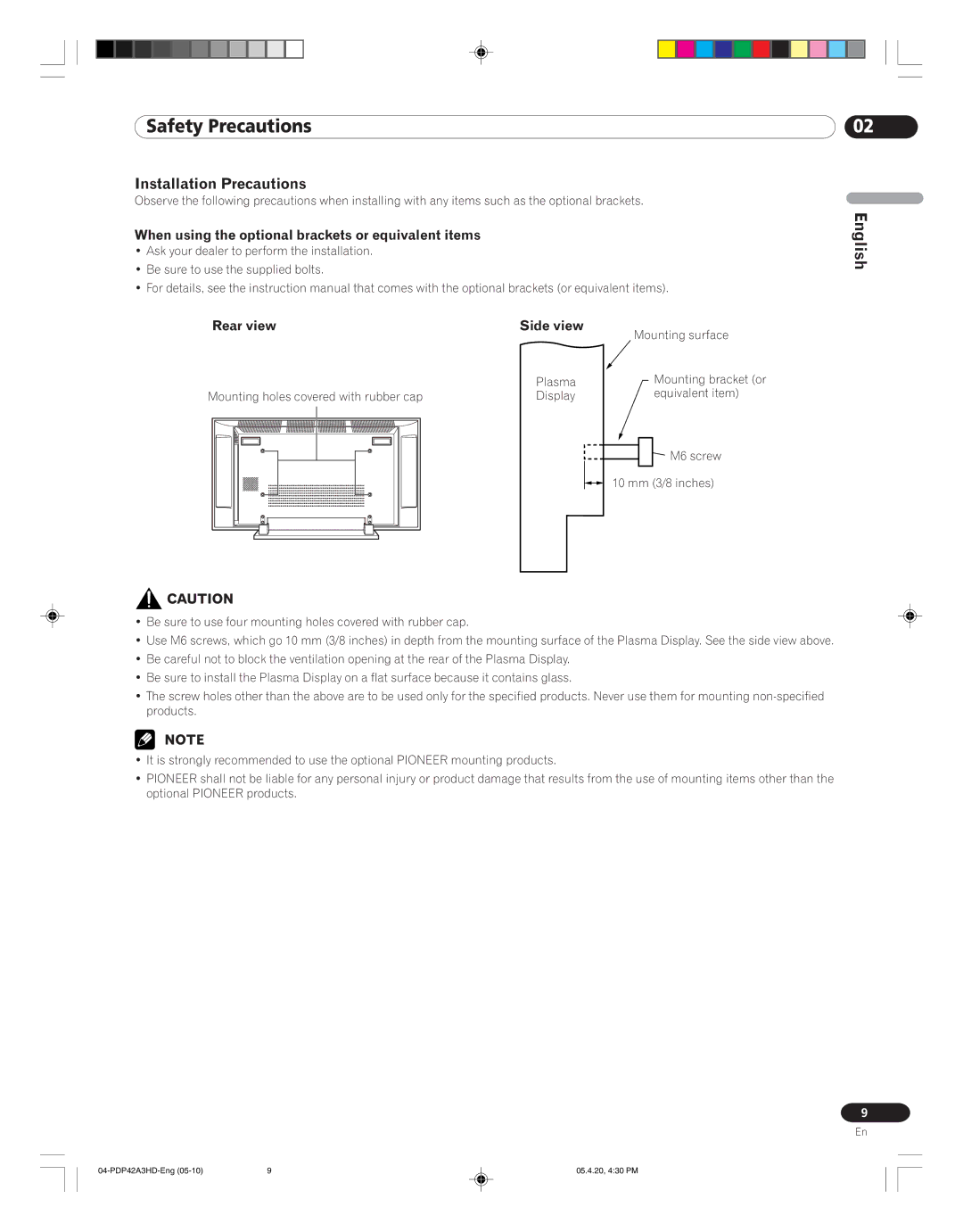 Pioneer PDP-42A3HD Installation Precautions, When using the optional brackets or equivalent items, Rear view Side view 