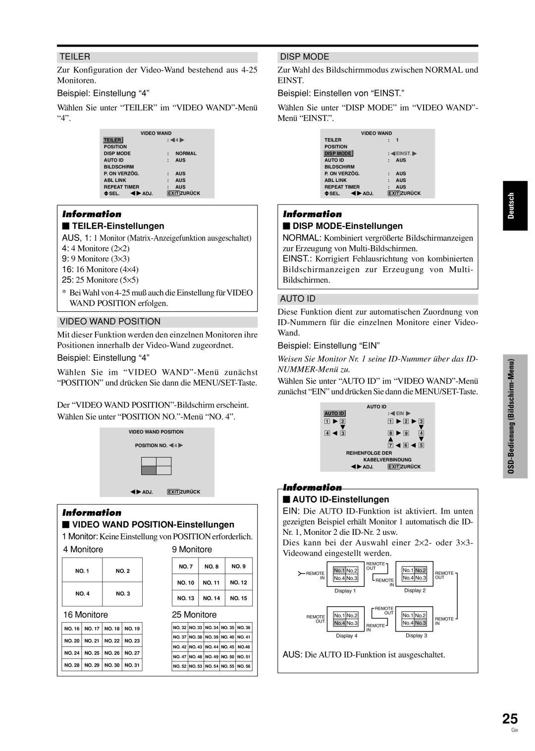 Pioneer PDP-42MVE1 manual  TEILER-Einstellungen,  Video Wand POSITION-Einstellungen,  Disp MODE-Einstellungen, Monitore 