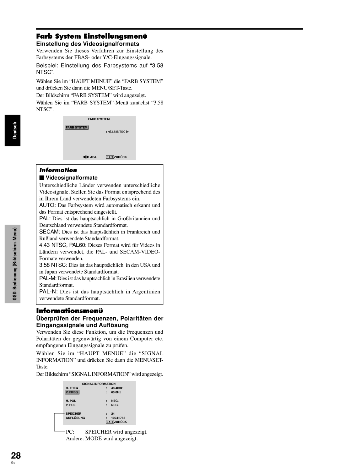 Pioneer PDP-42MVE1 manual Farb System Einstellungsmenü, Informationsmenü, Einstellung des Videosignalformats 