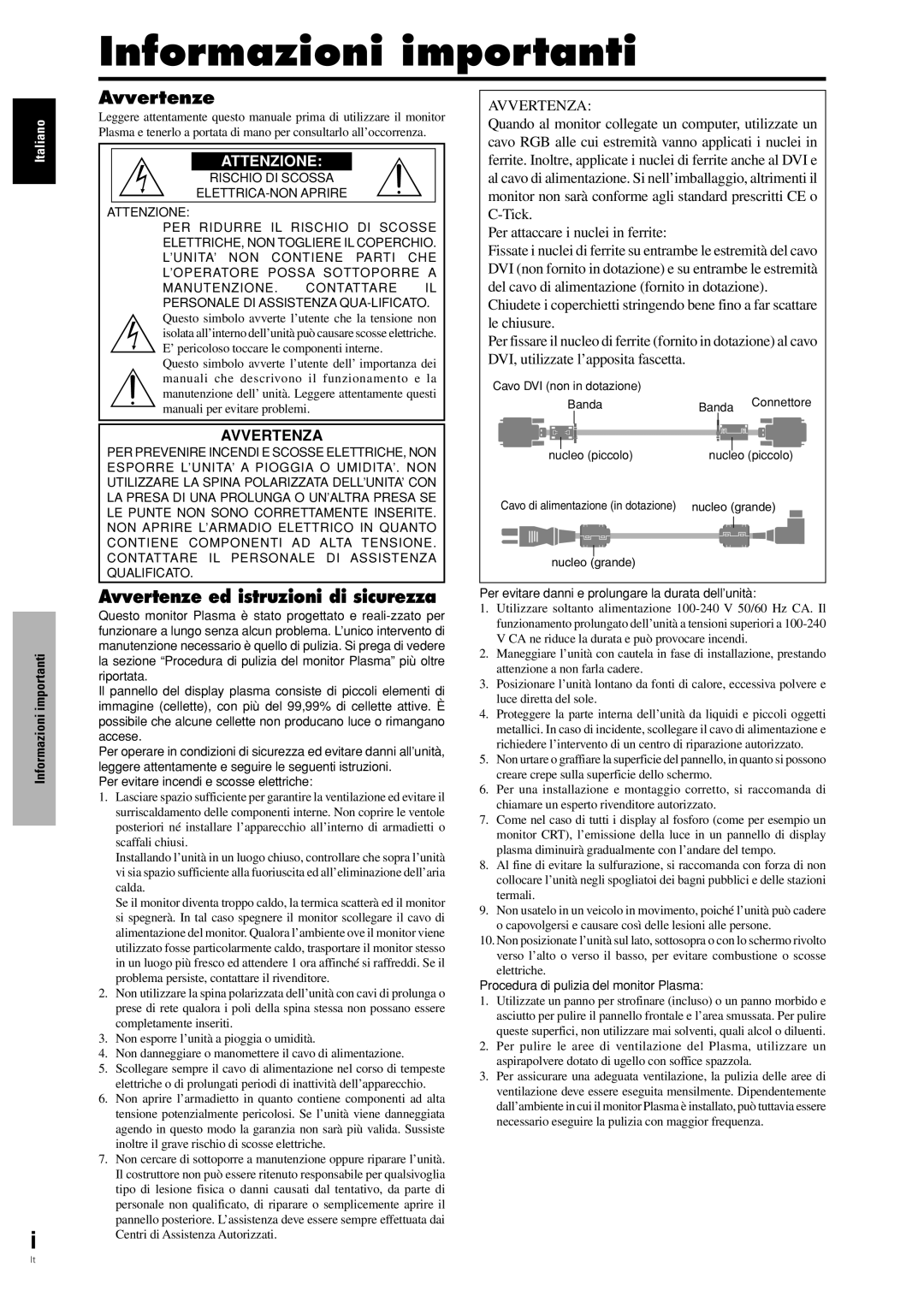 Pioneer PDP-42MVE1 manual Informazioni importanti, Avvertenze ed istruzioni di sicurezza, Avvertenza 