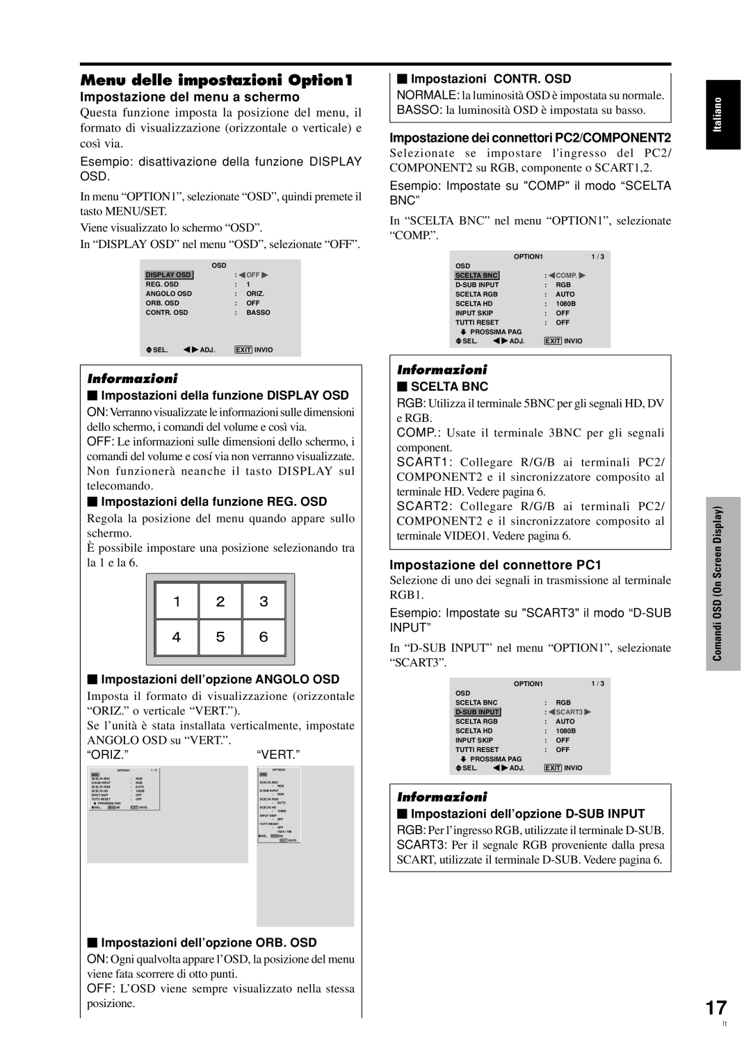 Pioneer PDP-42MVE1 manual Menu delle impostazioni Option1, Impostazione del menu a schermo, Impostazione del connettore PC1 