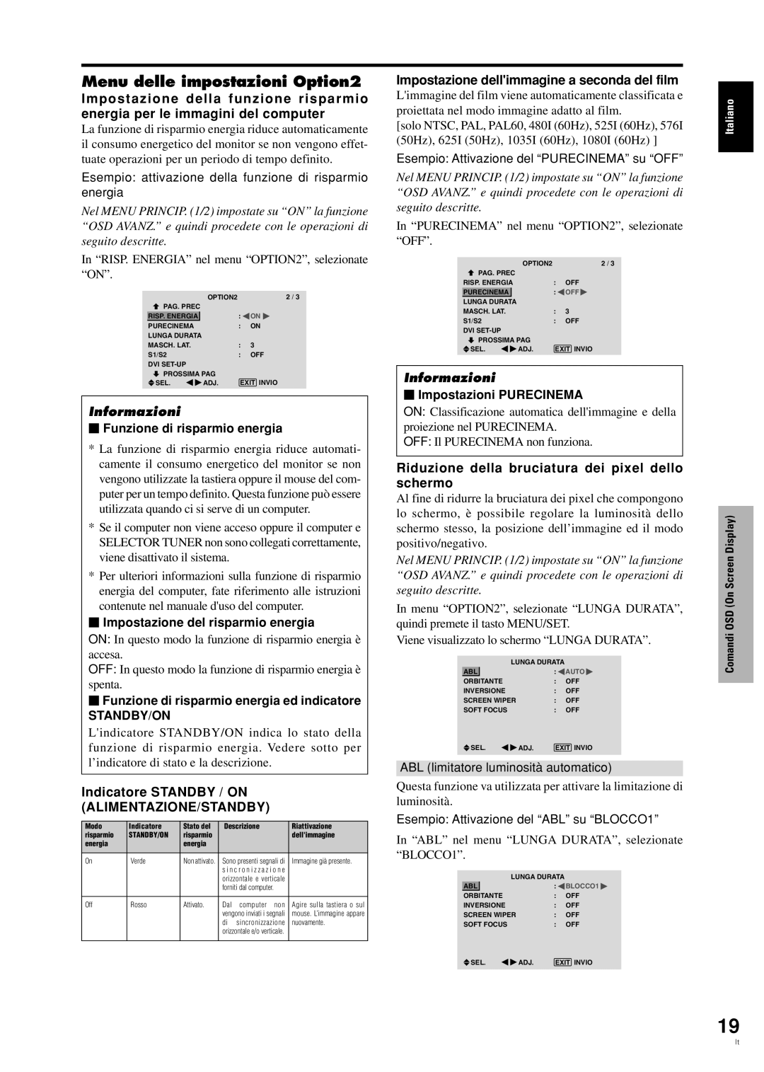 Pioneer PDP-42MVE1 manual Menu delle impostazioni Option2, Indicatore Standby / on ALIMENTAZIONE/STANDBY 