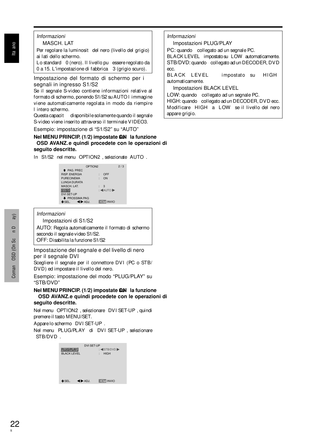 Pioneer PDP-42MVE1 manual  Masch. Lat,  Impostazioni di S1/S2,  Impostazioni PLUG/PLAY,  Impostazioni Black Level 