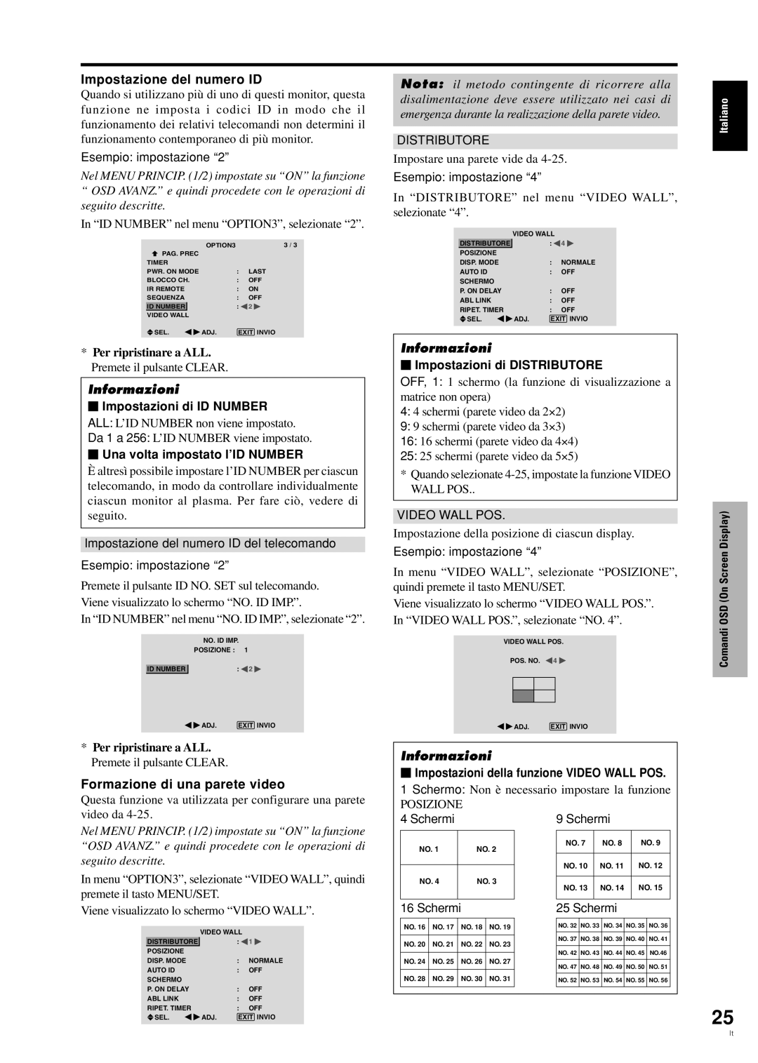 Pioneer PDP-42MVE1 manual Impostazione del numero ID, Formazione di una parete video 