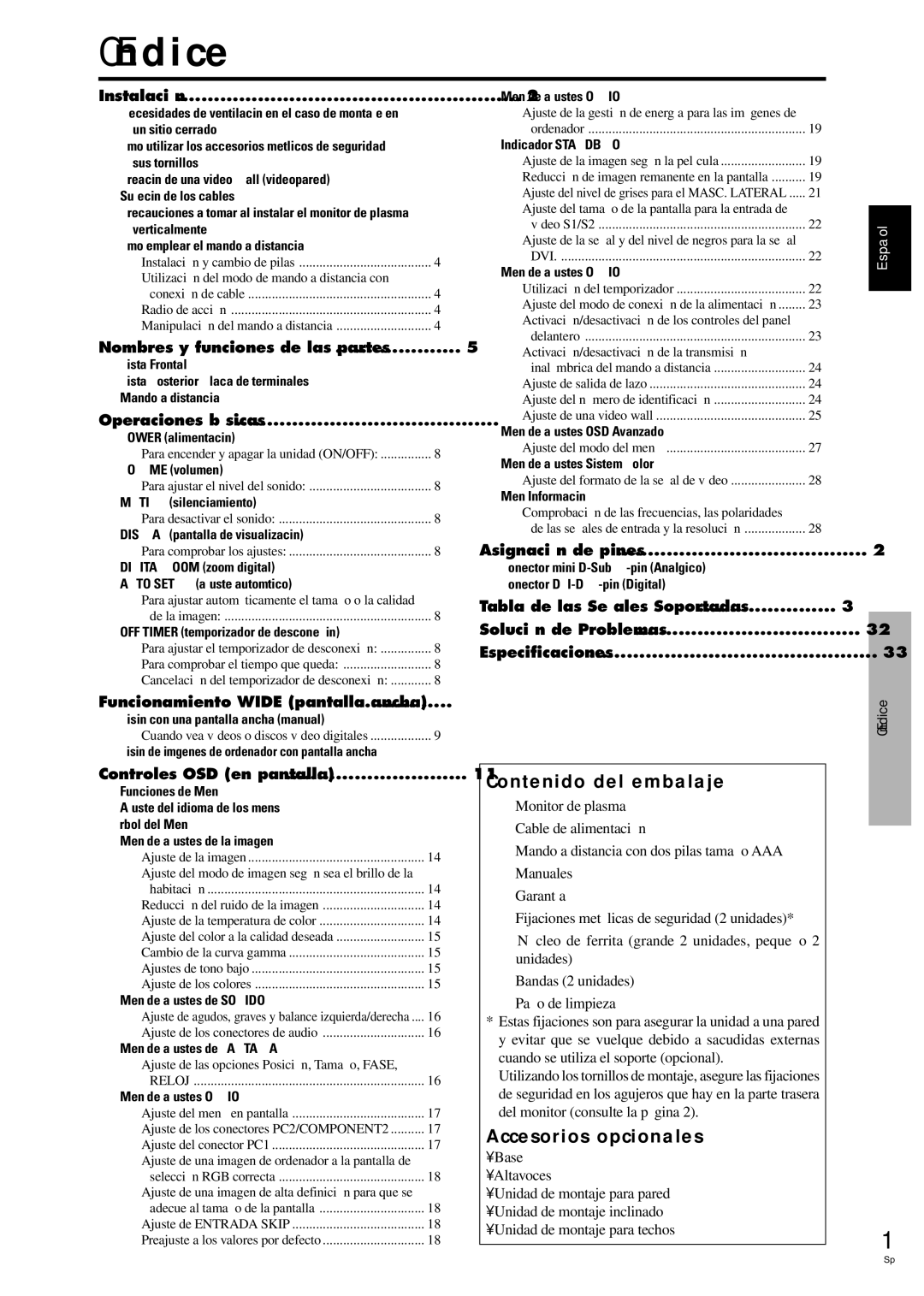 Pioneer PDP-42MVE1 manual Índice, Contenido del embalaje, Accesorios opcionales 