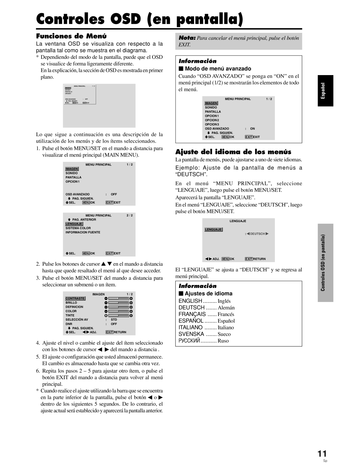 Pioneer PDP-42MVE1 Controles OSD en pantalla, Funciones de Menú, Ajuste del idioma de los menús,  Modo de menú avanzado 