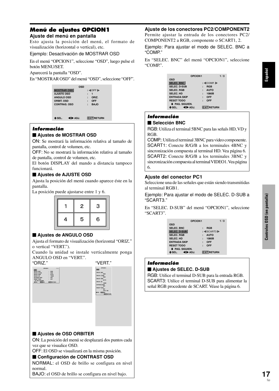 Pioneer PDP-42MVE1 manual Menú de ajustes OPCION1, Ajuste del menú en pantalla, Ajuste de los conectores PC2/COMPONENT2 