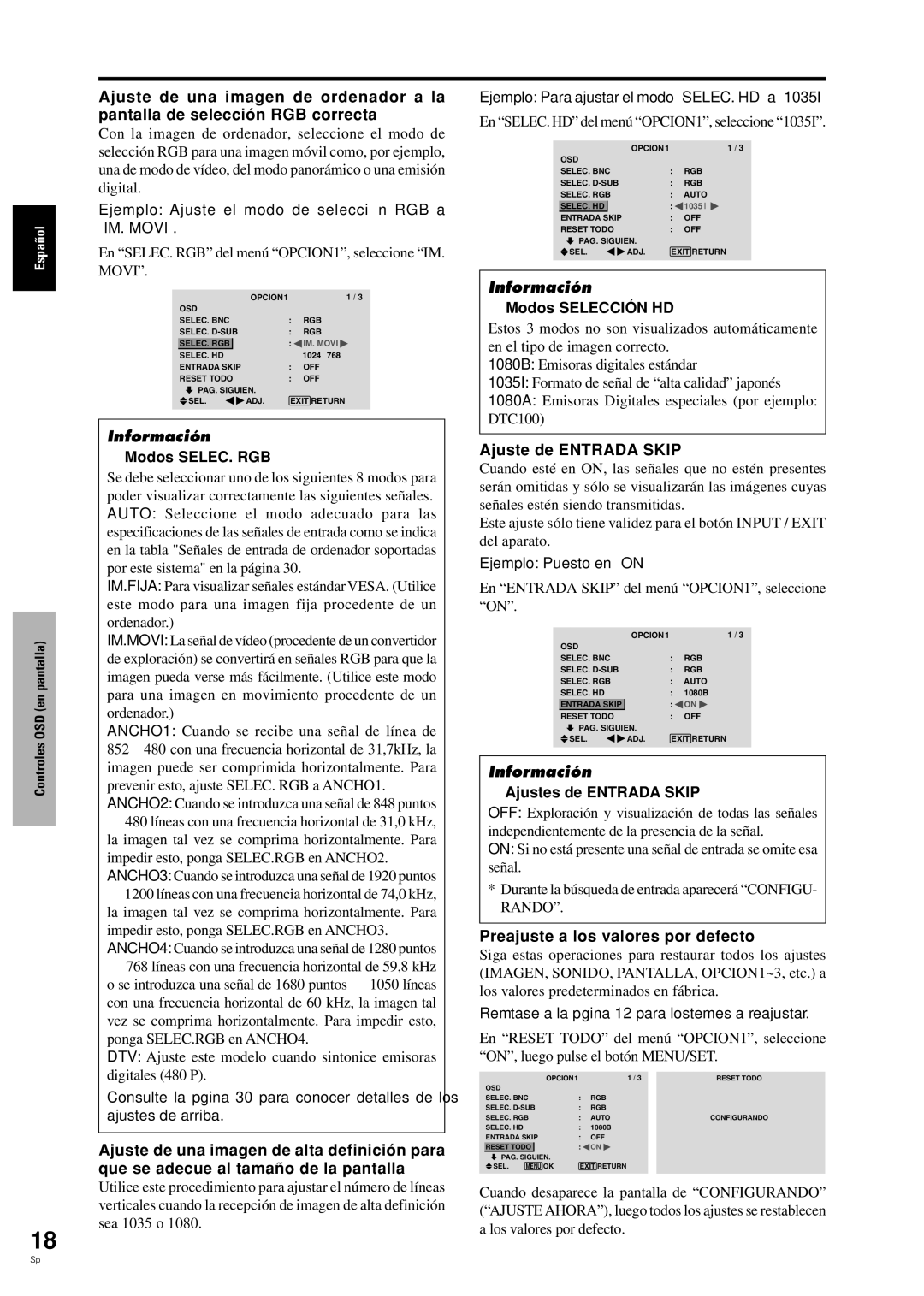 Pioneer PDP-42MVE1 Ajuste de Entrada Skip, Preajuste a los valores por defecto,  Modos SELEC. RGB,  Modos Selección HD 