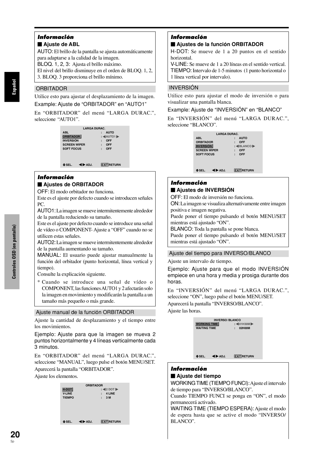 Pioneer PDP-42MVE1 manual  Ajuste de ABL,  Ajustes de la función Orbitador,  Ajustes de Inversión,  Ajuste del tiempo 