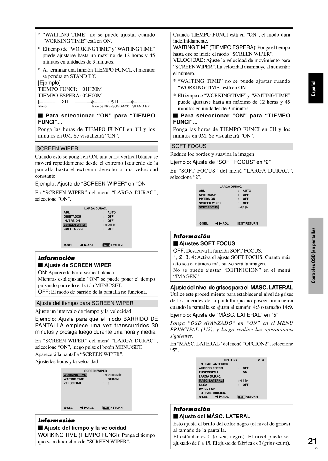 Pioneer PDP-42MVE1 manual  Para seleccionar on para Tiempo FUNCI…,  Ajustes Soft Focus,  Ajuste del MÁSC. Lateral 