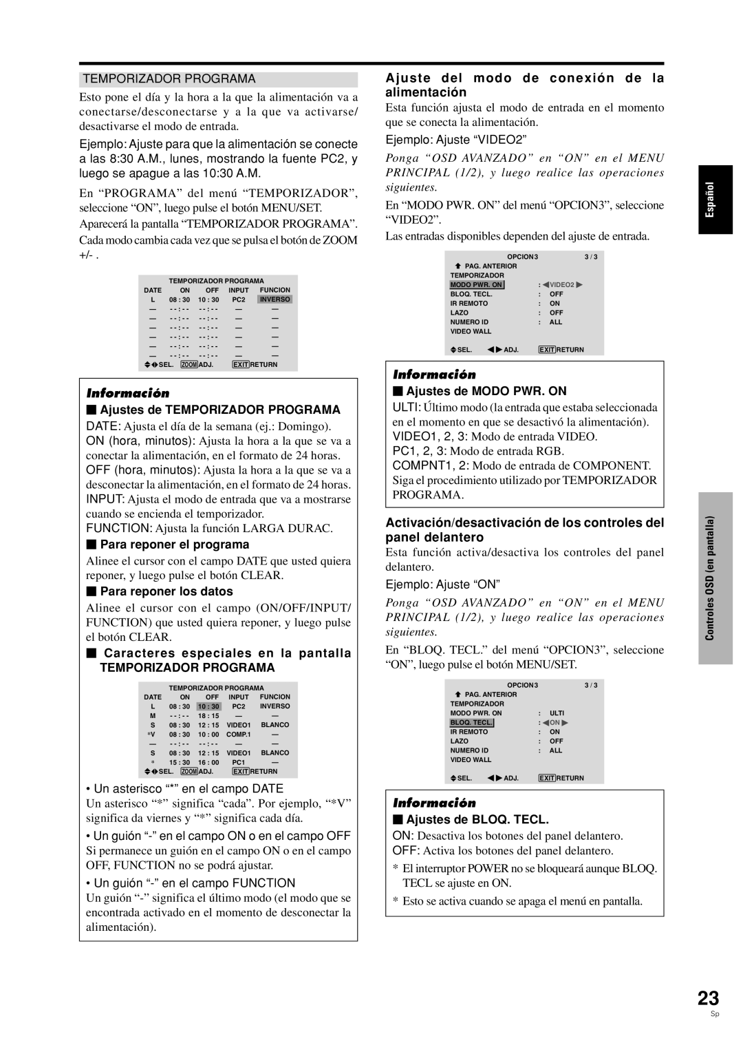 Pioneer PDP-42MVE1 manual Ajuste del modo de conexi ón de la alimentación, Temporizador Programa 