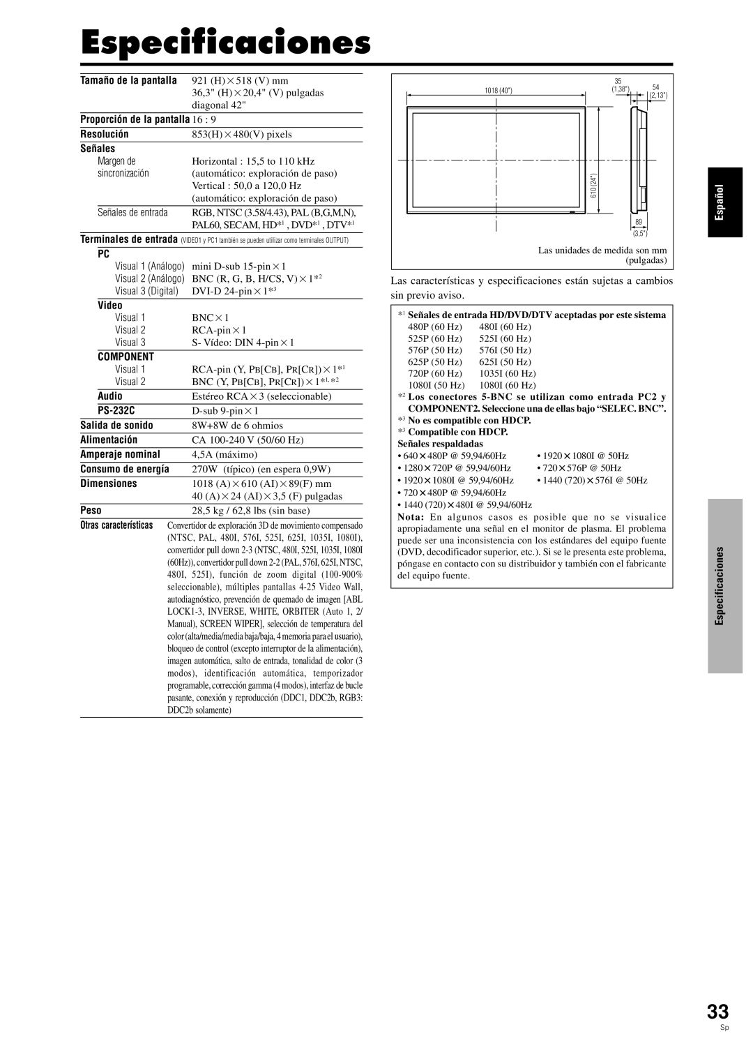 Pioneer PDP-42MVE1 manual Especificaciones, Señales 