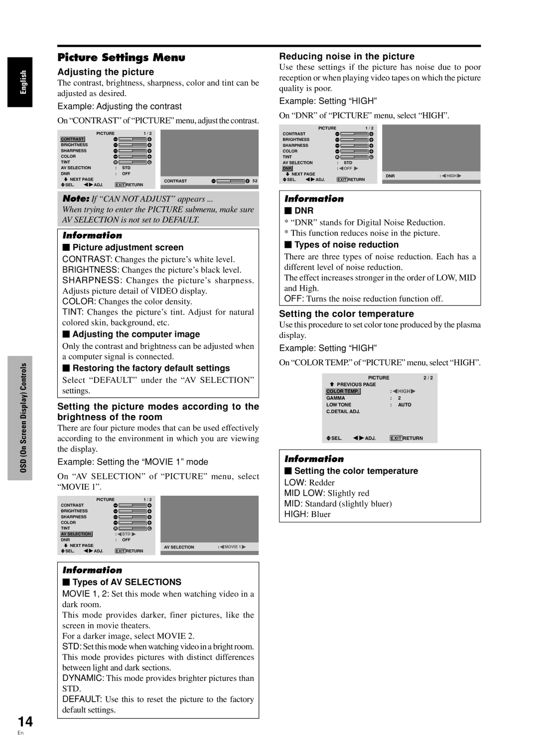 Pioneer PDP-42MVE1 manual Picture Settings Menu, Adjusting the picture, Reducing noise in the picture,  Dnr 