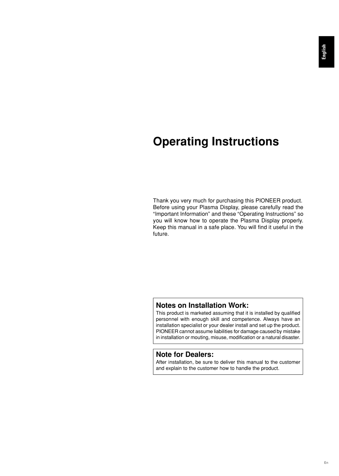 Pioneer PDP-42MVE1 manual Operating Instructions 