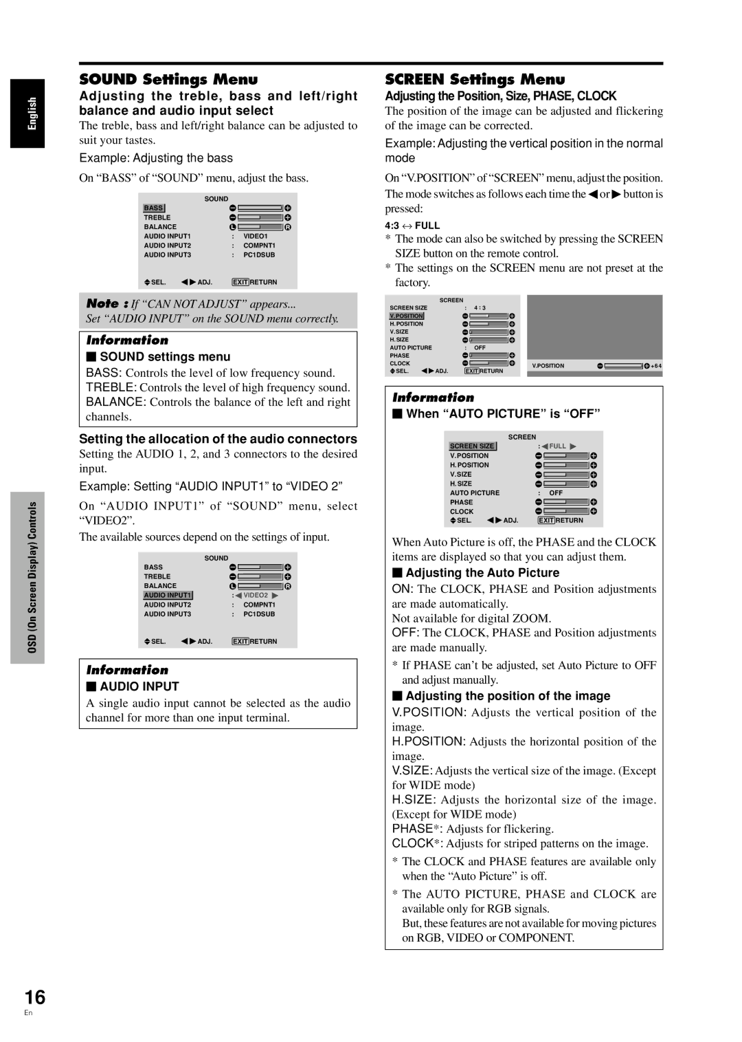 Pioneer PDP-42MVE1 manual Sound Settings Menu, Screen Settings Menu, Setting the allocation of the audio connectors 