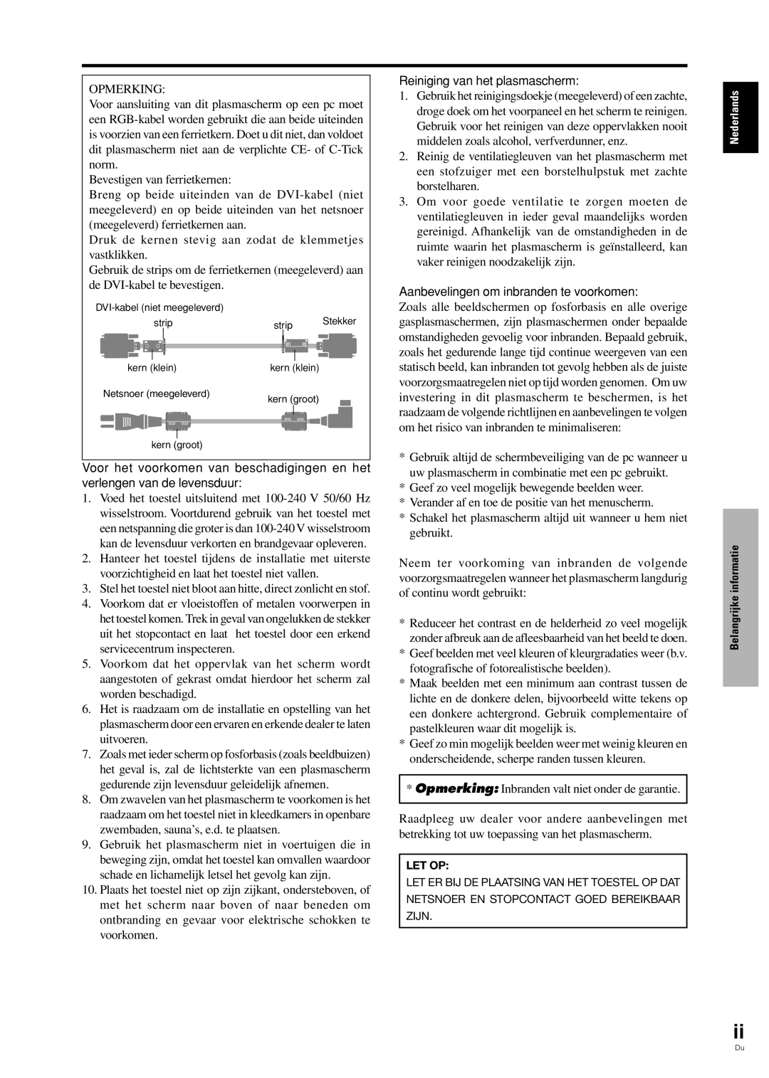 Pioneer PDP-42MVE1 manual Reiniging van het plasmascherm, Aanbevelingen om inbranden te voorkomen 