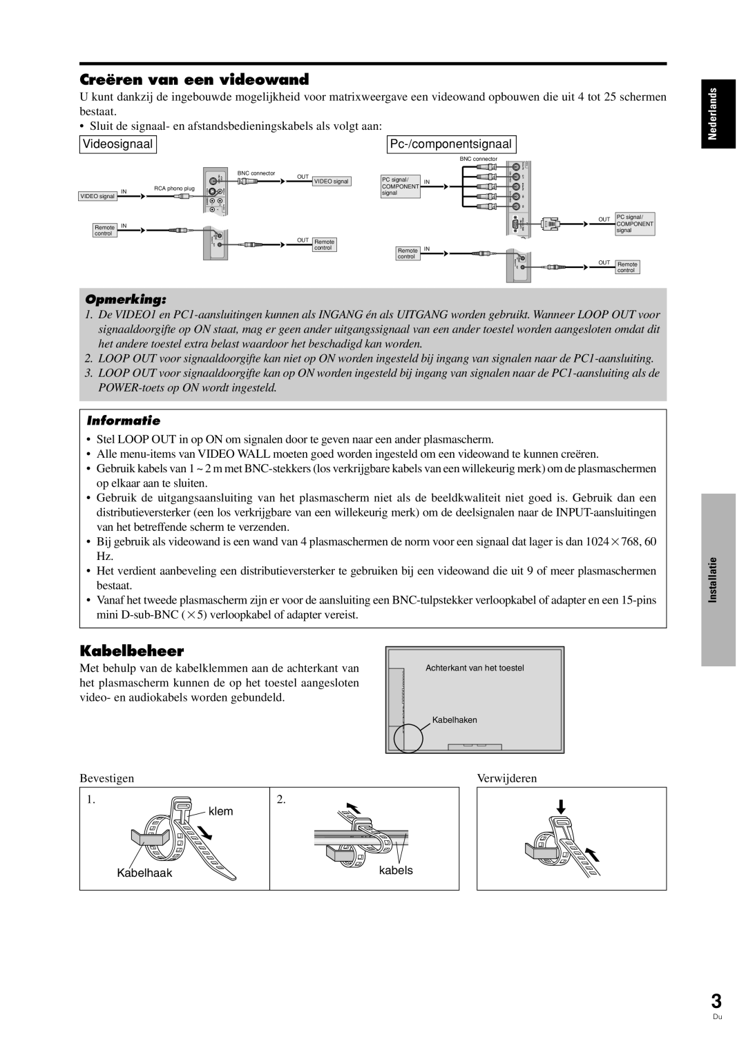 Pioneer PDP-42MVE1 manual Creëren van een videowand, Kabelbeheer, Videosignaal Pc-/componentsignaal, Klem, Kabelhaak 