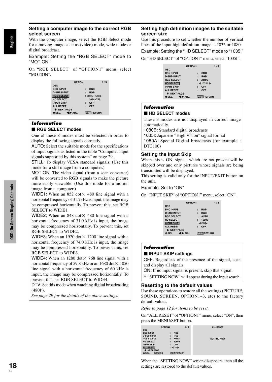 Pioneer PDP-42MVE1 manual Setting a computer image to the correct RGB select screen, Setting the Input Skip 