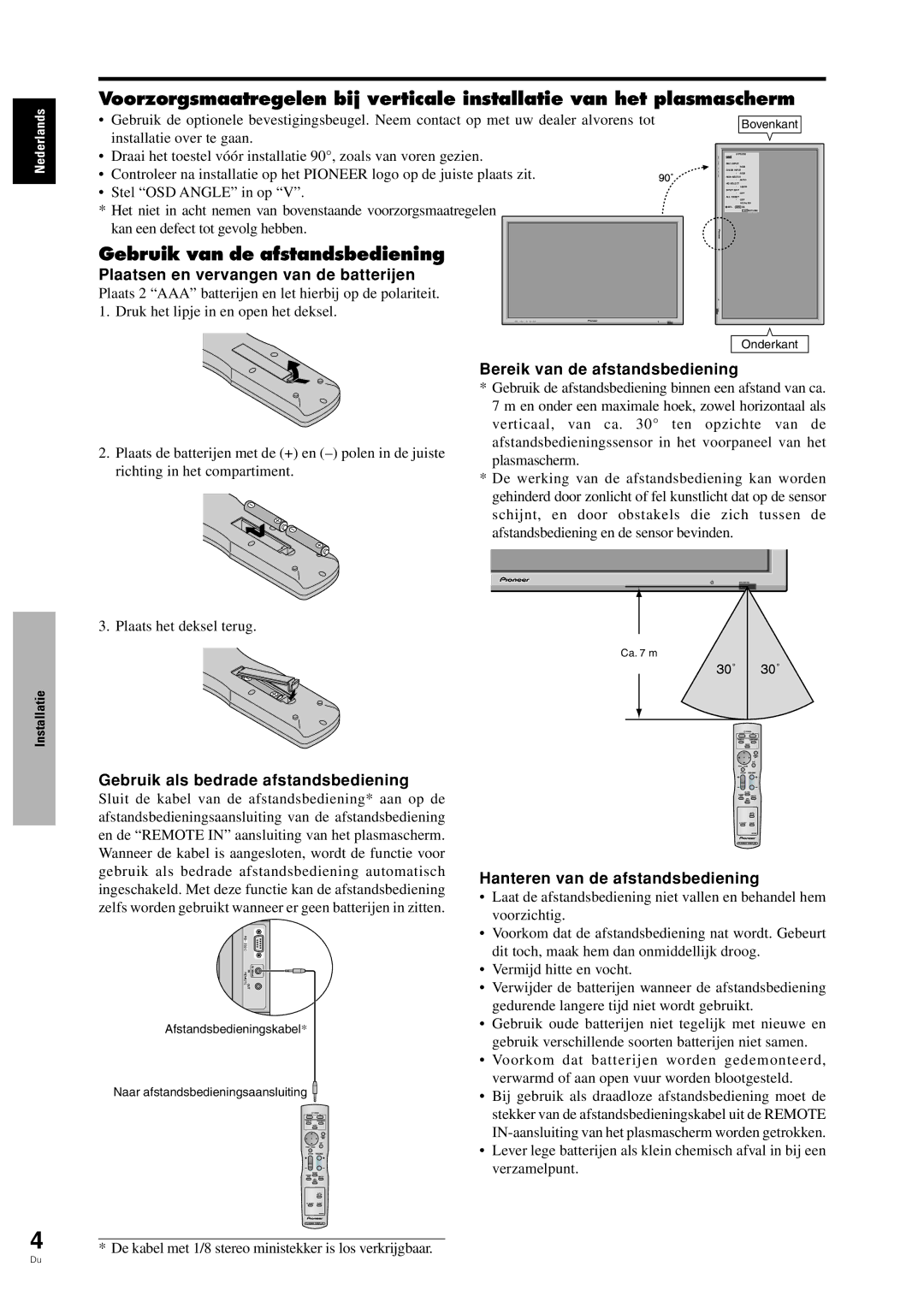 Pioneer PDP-42MVE1 manual Gebruik van de afstandsbediening, Plaatsen en vervangen van de batterijen 